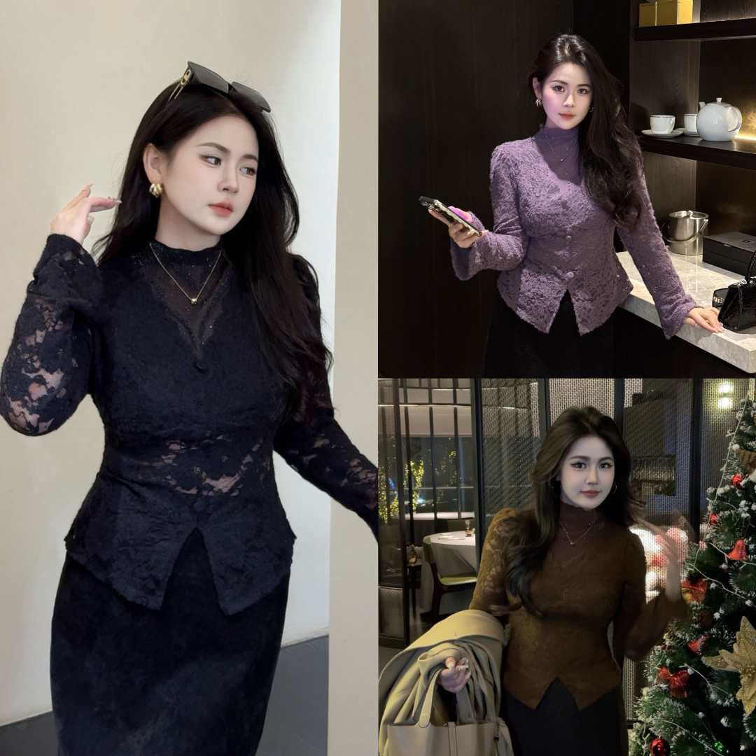 赫饰现货！大码新款显瘦女装V领蕾丝拼接打底衫微胖mm气质遮肉套装