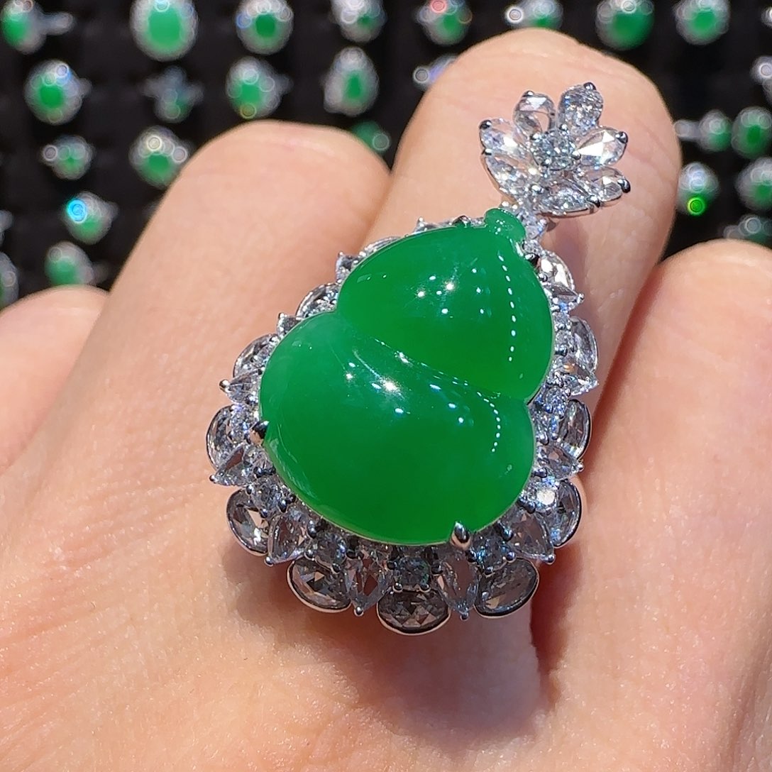 翡翠戒指18K金镶嵌葫芦戒指吊坠两用款