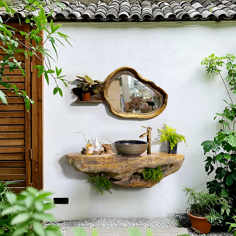 水磨坊中式户外庭院仿石洗手池壁挂台盆露台挂墙式洗手盆室外花园