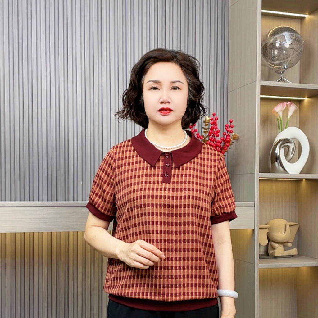 时尚翻领格子薄款常规中老年女装小衫显瘦减龄宽松中老年妈妈装