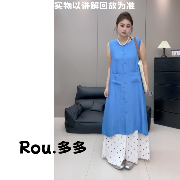 「Rou.多多」韩系慵懒风无袖高级感长款衬衫连衣裙+洋气波点阔腿裤