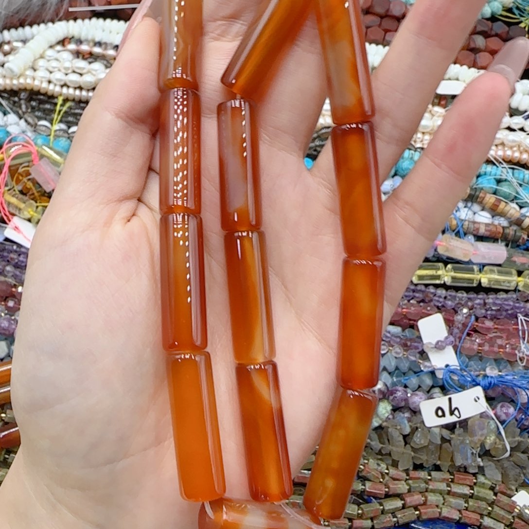 玛瑙/玉髓未镶嵌珠宝半成品红玛瑙管珠一条9-30