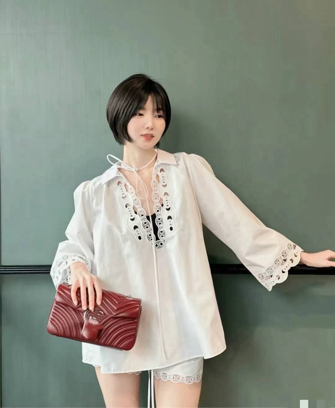 REMI[新品]名媛老钱极简风镂空刺绣衬衫短裤套装