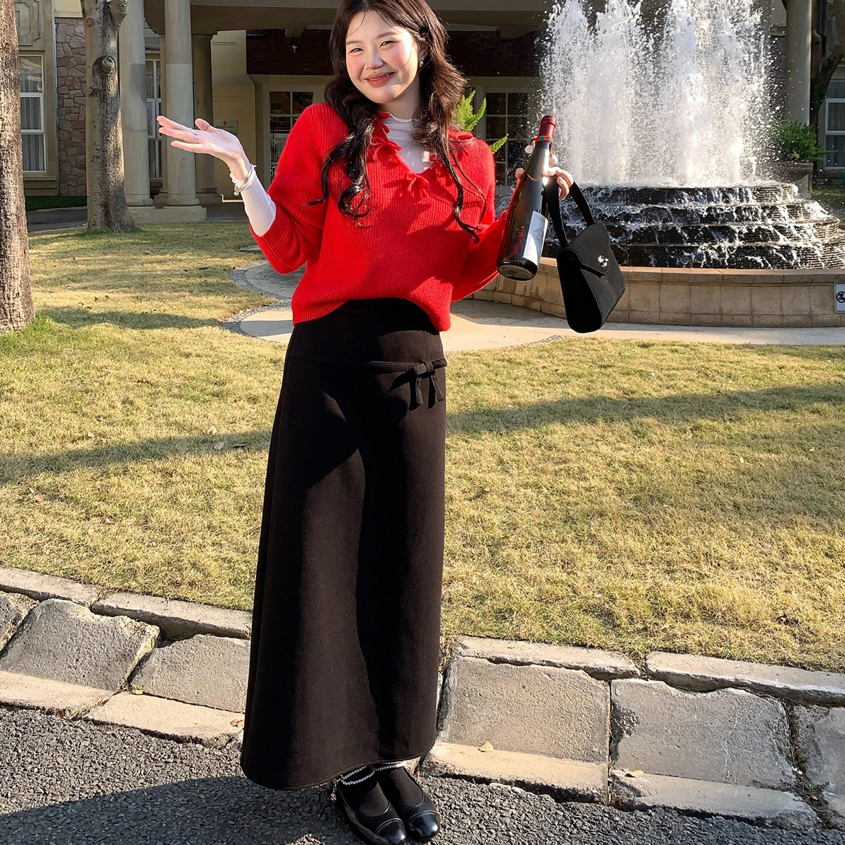 【安心推荐】韩版设计感蝴蝶结加厚A字半身裙女秋冬显瘦百搭长裙