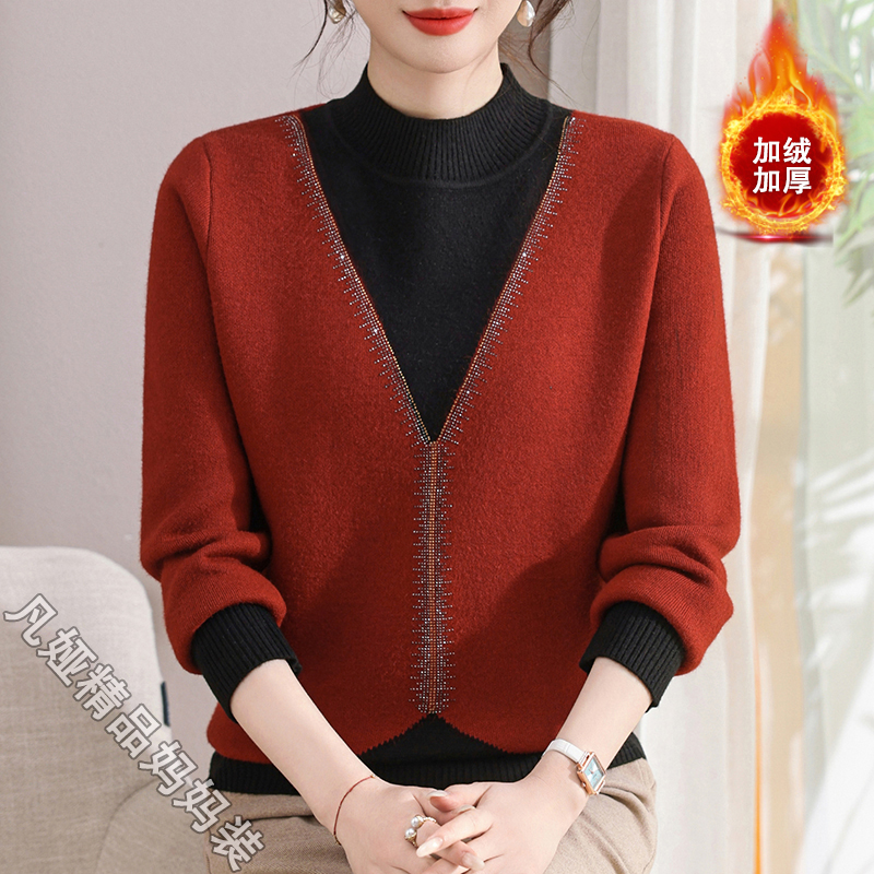 年轻妈妈假两件针织衫秋冬新款洋气烫钻毛衣中老年女洋气保暖上衣