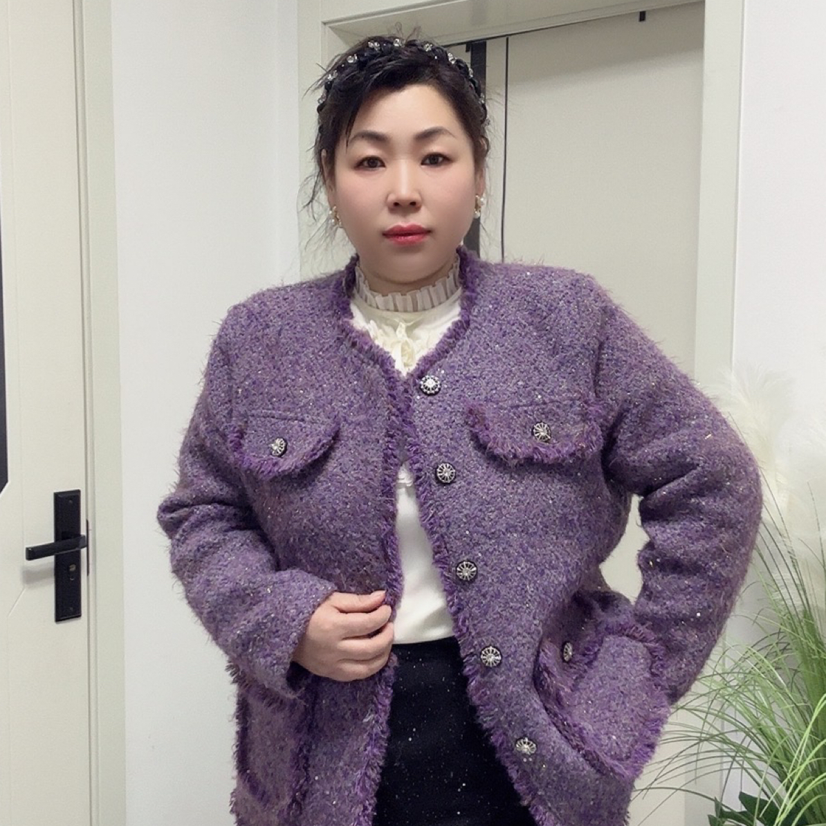 悦姐大码小香风流苏亮片女装欧货新款春秋季时尚百搭紫色粗花呢