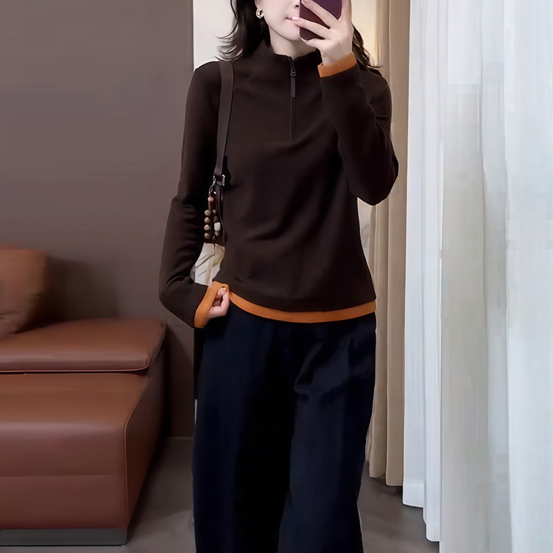 欧货设计感半拉链拼色德绒立领卫衣女秋冬磨毛保暖打底衫长袖上衣