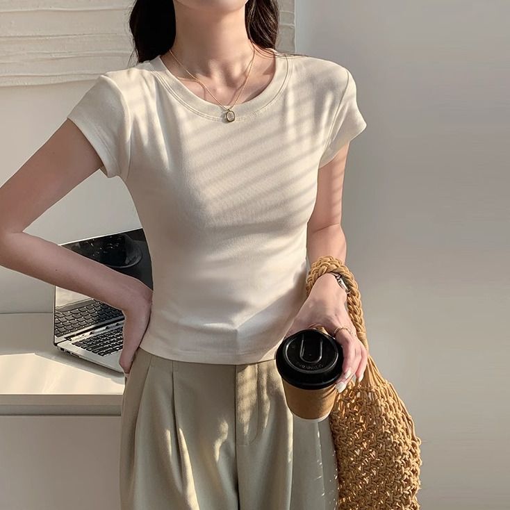2025夏季新款瘦瘦T显瘦紧身上衣圆领休闲轻薄透气ins小众女装白色