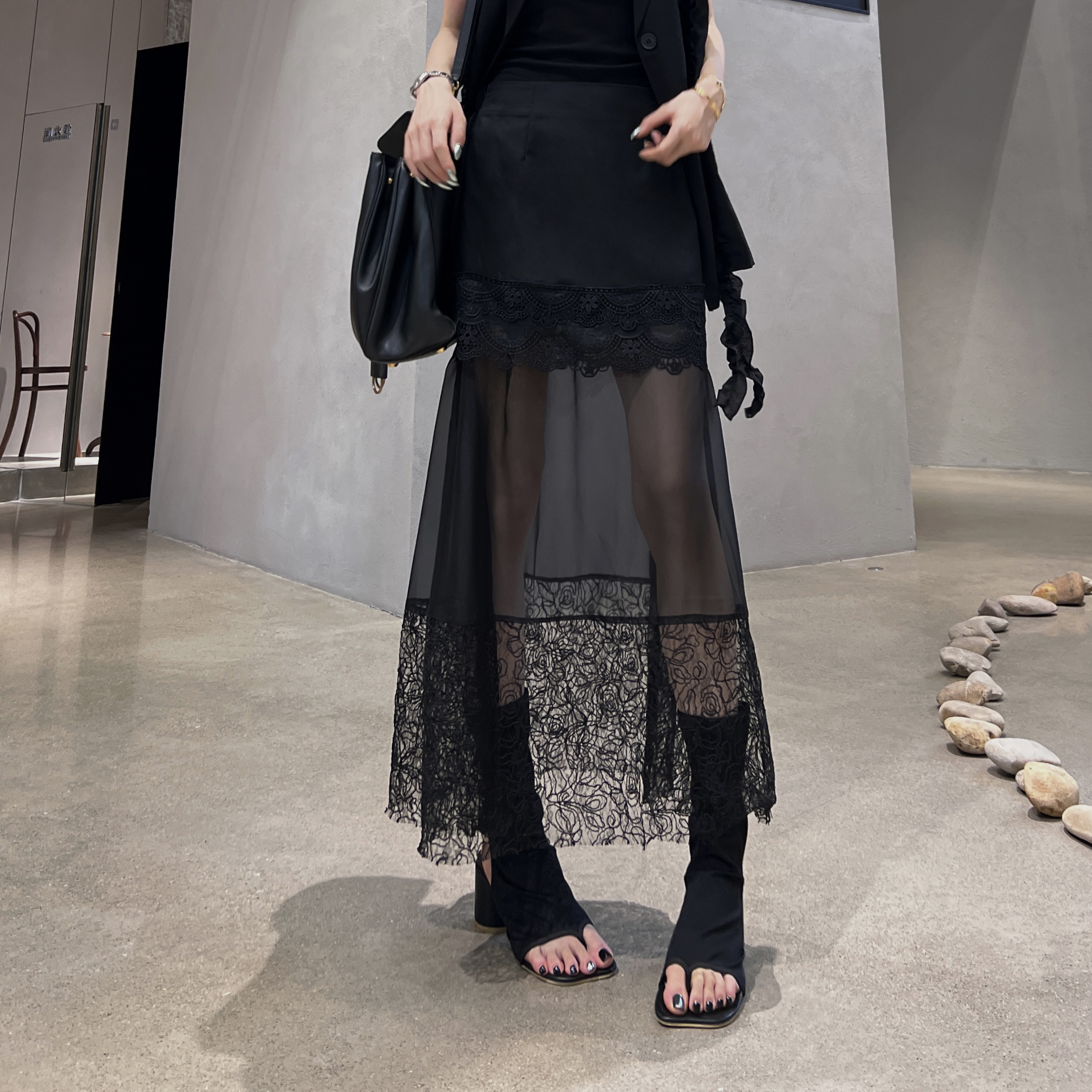 CZ【风姿优雅】夏季欧货女松紧腰百搭中长款蕾丝拼接直筒半身裙