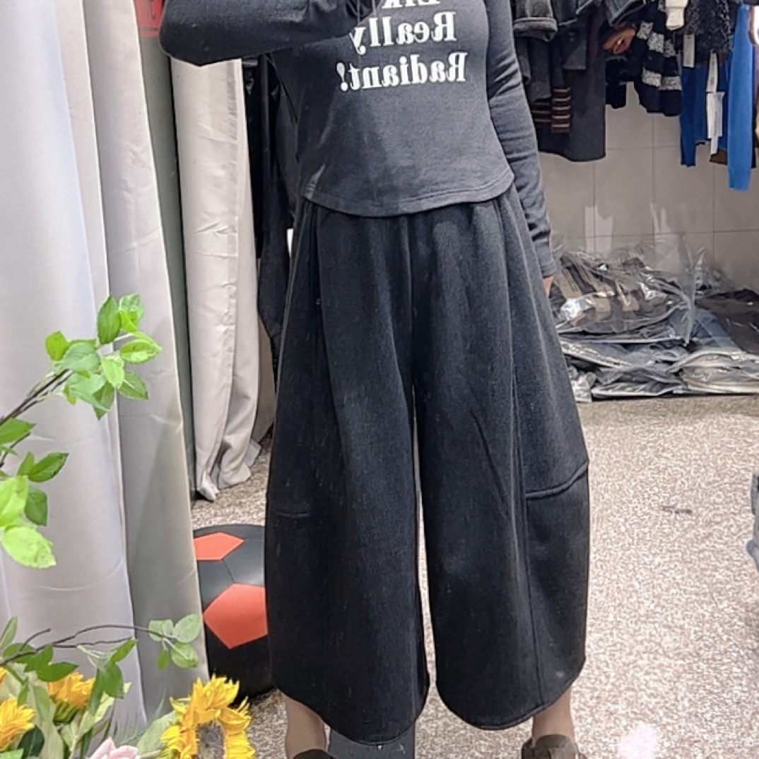 流行高级松紧腰宽松直筒休闲阔腿八分女裤毛呢