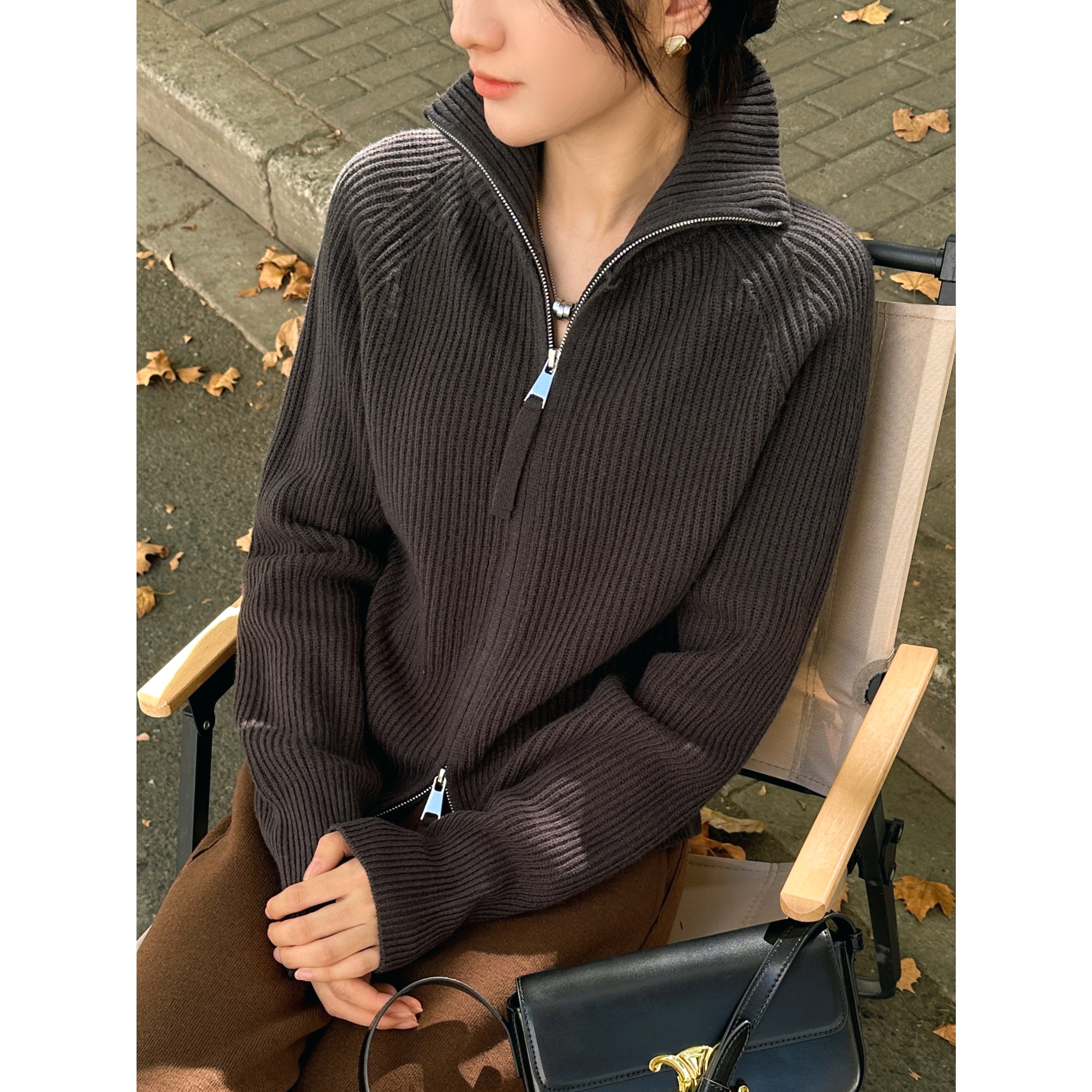【重磅新款】原创通勤休闲简约双头拉链时尚针织百搭羊毛衫LX23130