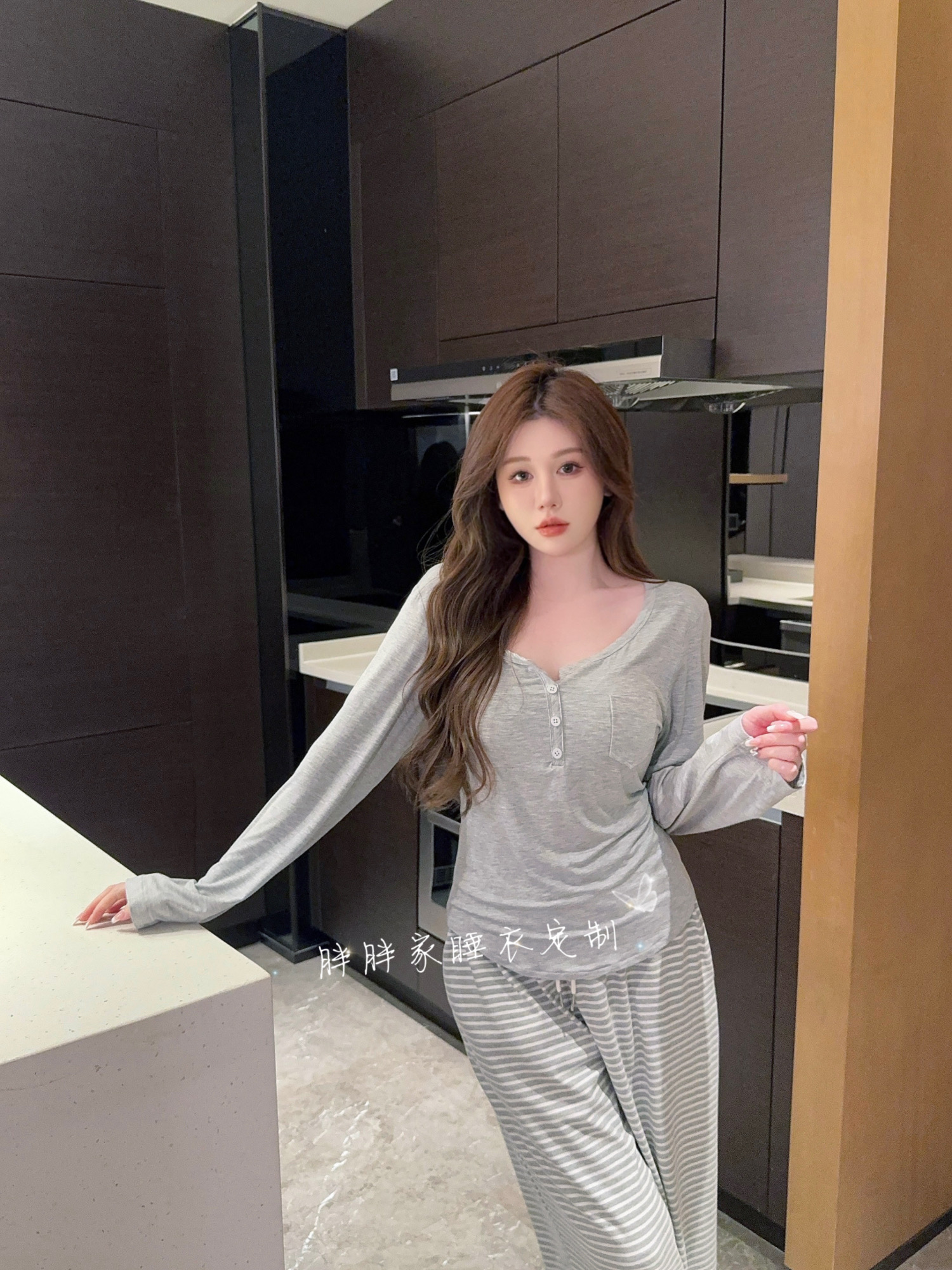 【极简主义】春秋纯欲风睡衣女带胸垫代尔棉显瘦条纹长裤长袖家居服