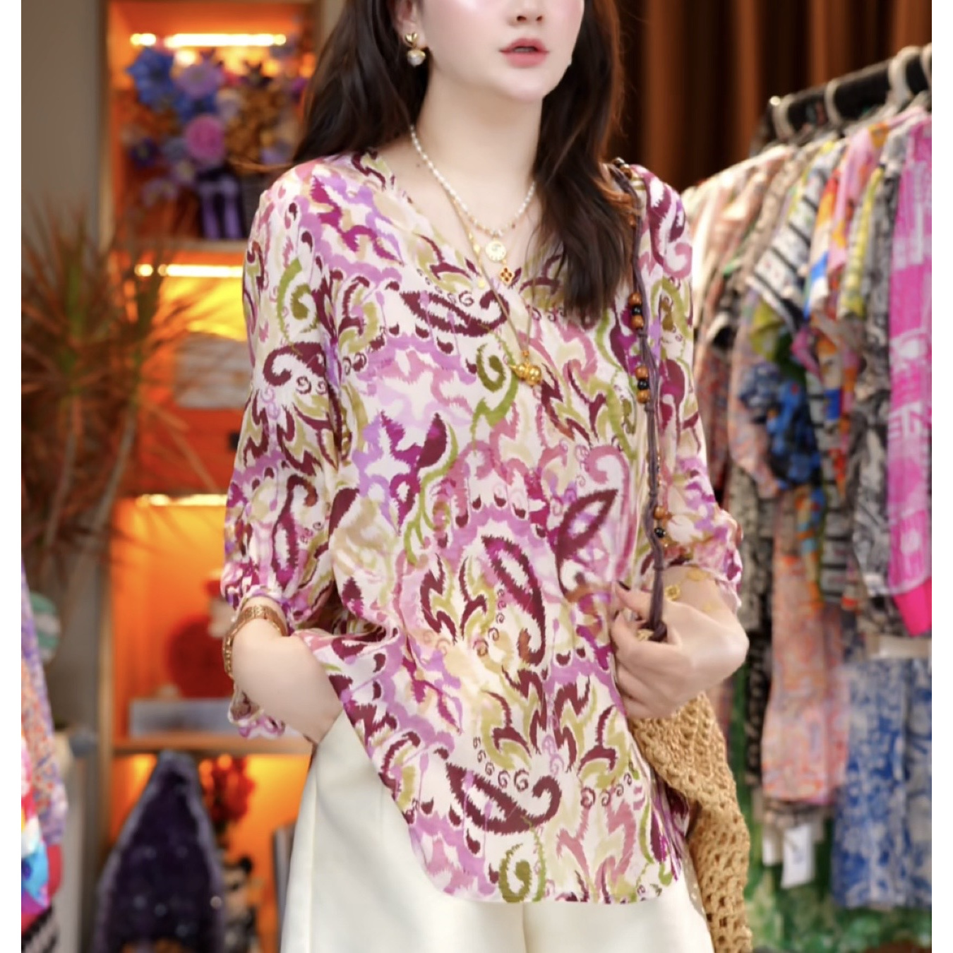 【丝芙玉禄】（A161）真丝双绉设计师紫色图案显瘦桑蚕丝衬衫上衣