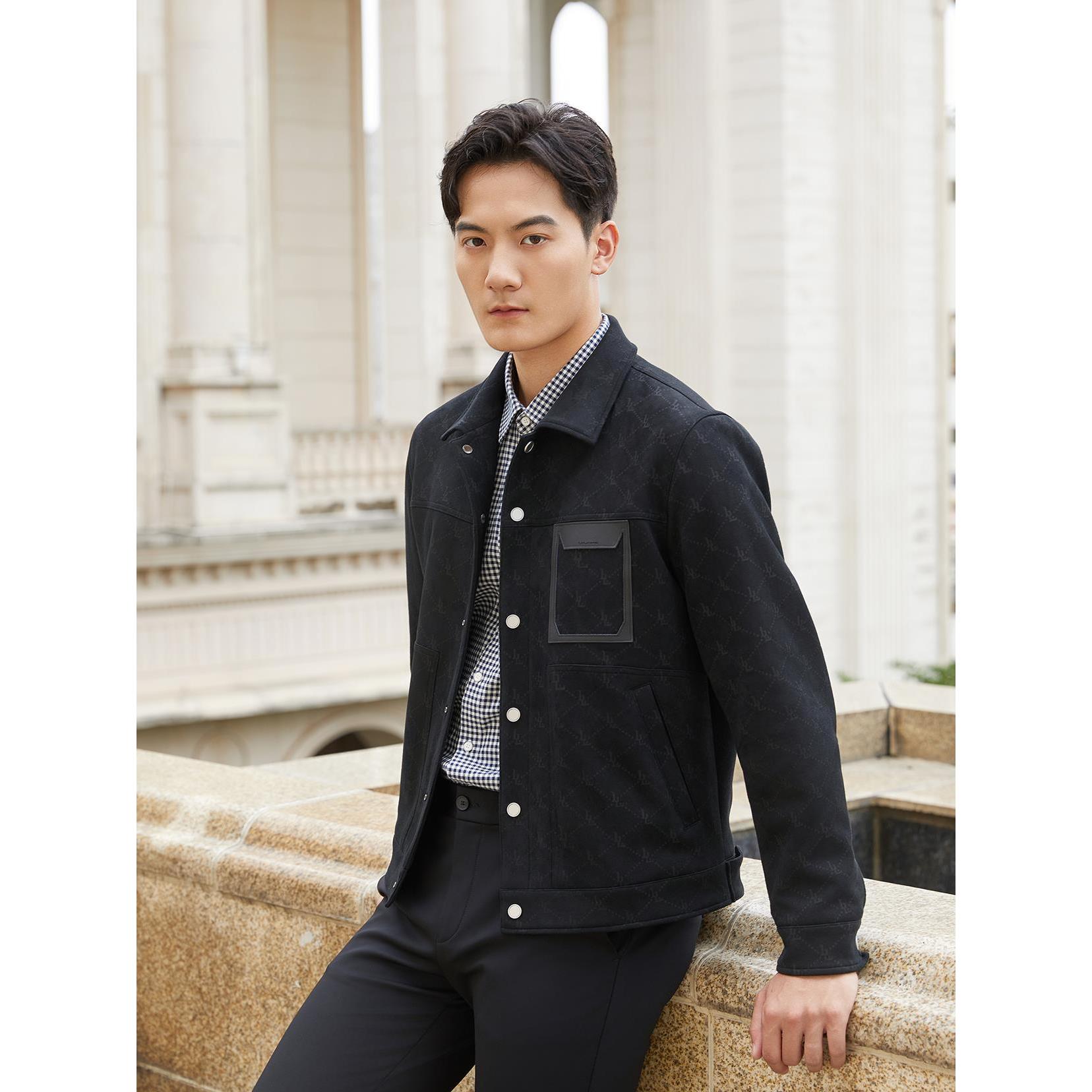 Lilanz/利郎【老花渐变】时尚潮流春秋IP联名男士翻领茄克-黑色