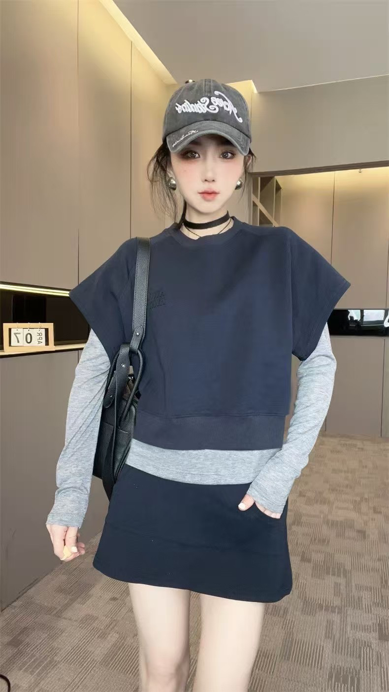 公主风常规款极简风休闲风T恤气质显瘦秋季宽松套装撞色拼接