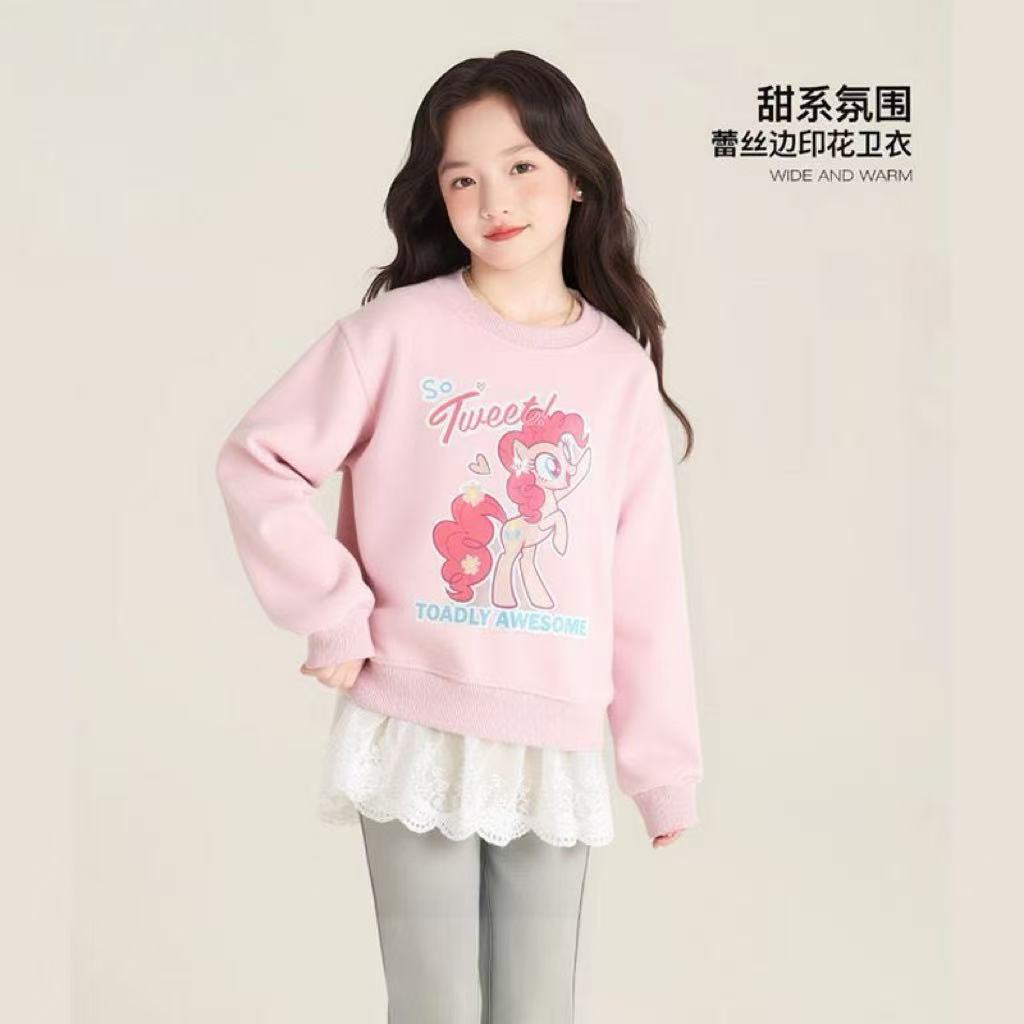 橙4908女童卫衣春秋季2025新款休闲甜系洋气蕾丝花边套头上衣衫