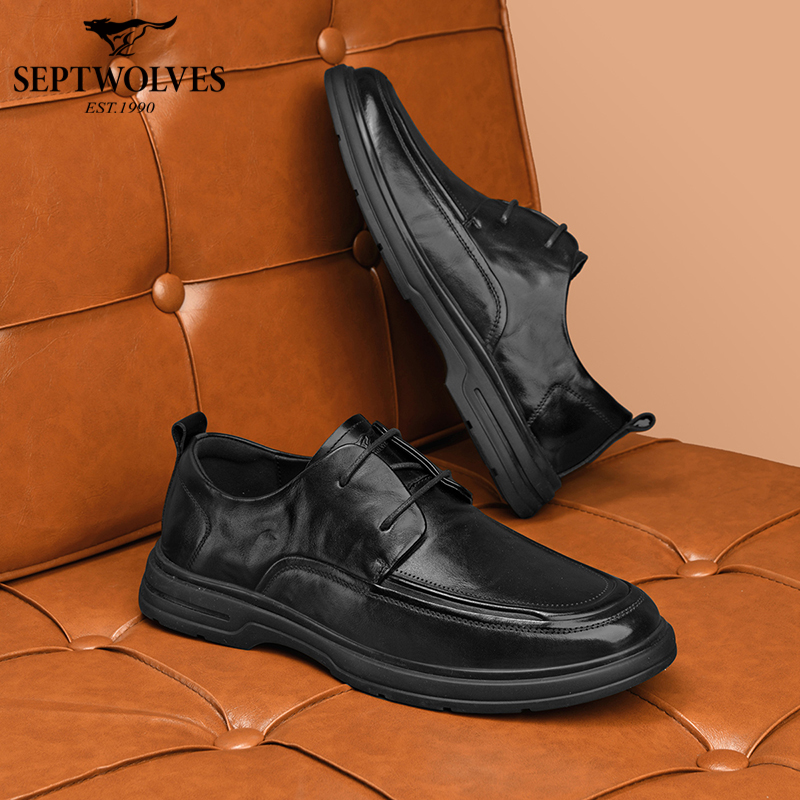 七匹狼秋季德比鞋增高休闲皮鞋真牛皮男鞋黑色皮鞋潮流正装通勤鞋