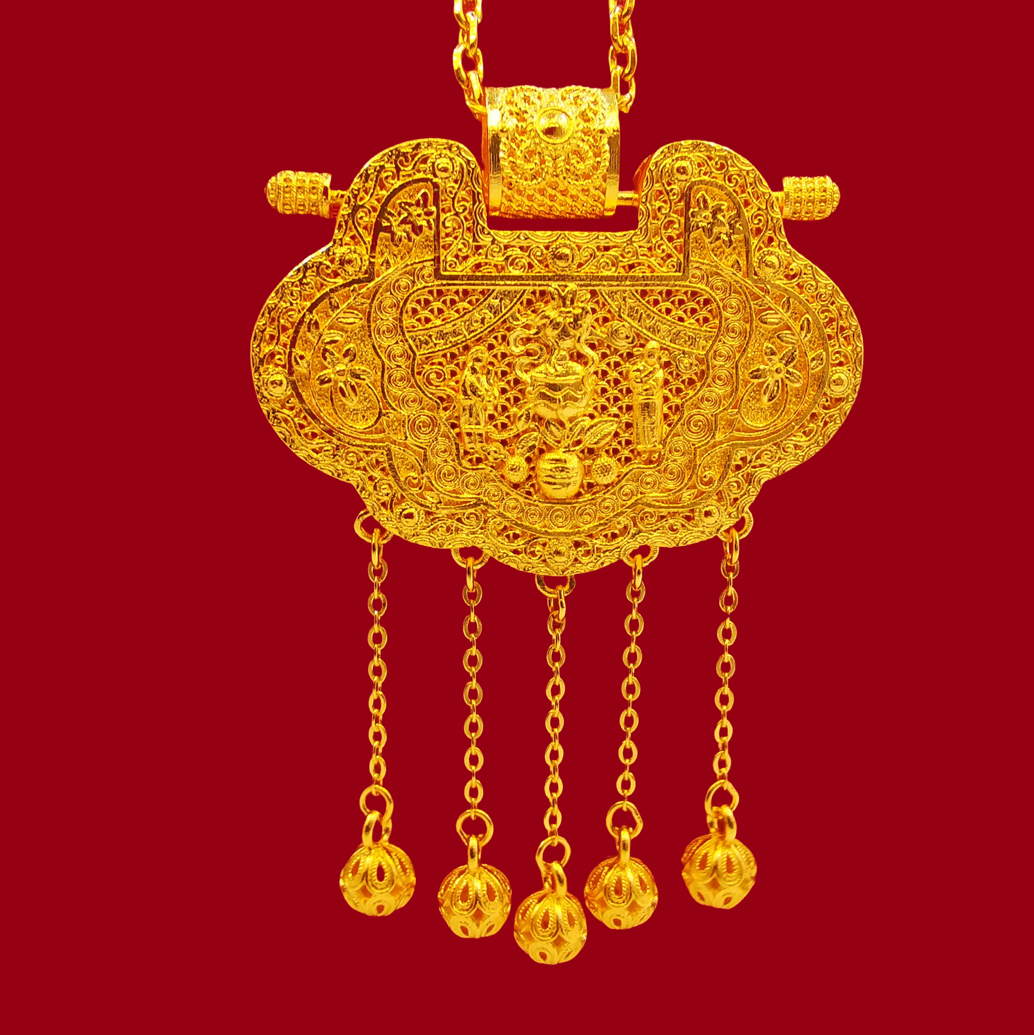 链子足银 链子花朵足银金银天子门生锁吊坠民族风时尚（不含链）