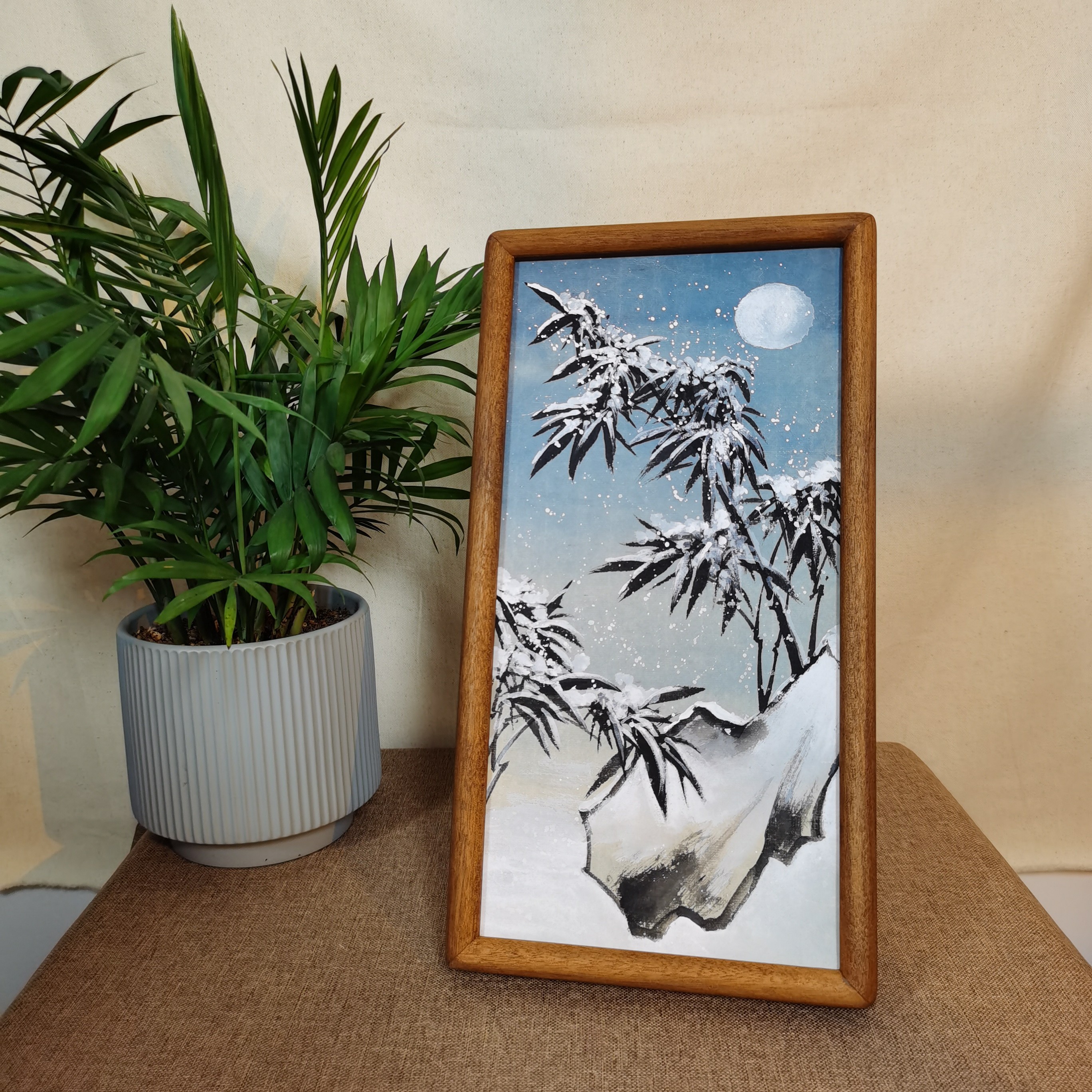17×32实木框月夜风竹雪竹新风国画简约相框摆台艺术桌面摆件