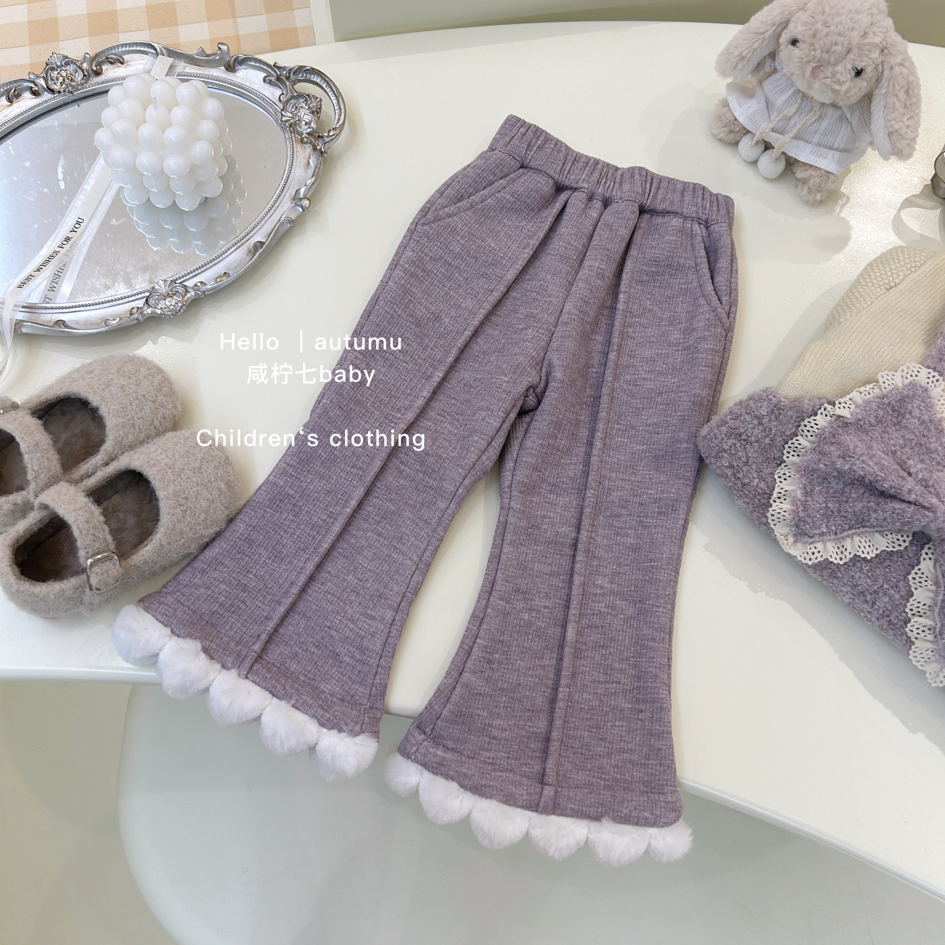 【现】女童套装秋冬装2024新款洋气时髦小香风毛球喇叭裤冬季