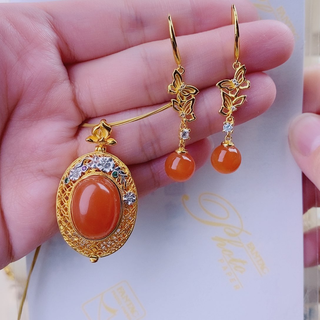 南红玛瑙套装银S925镀金镶嵌