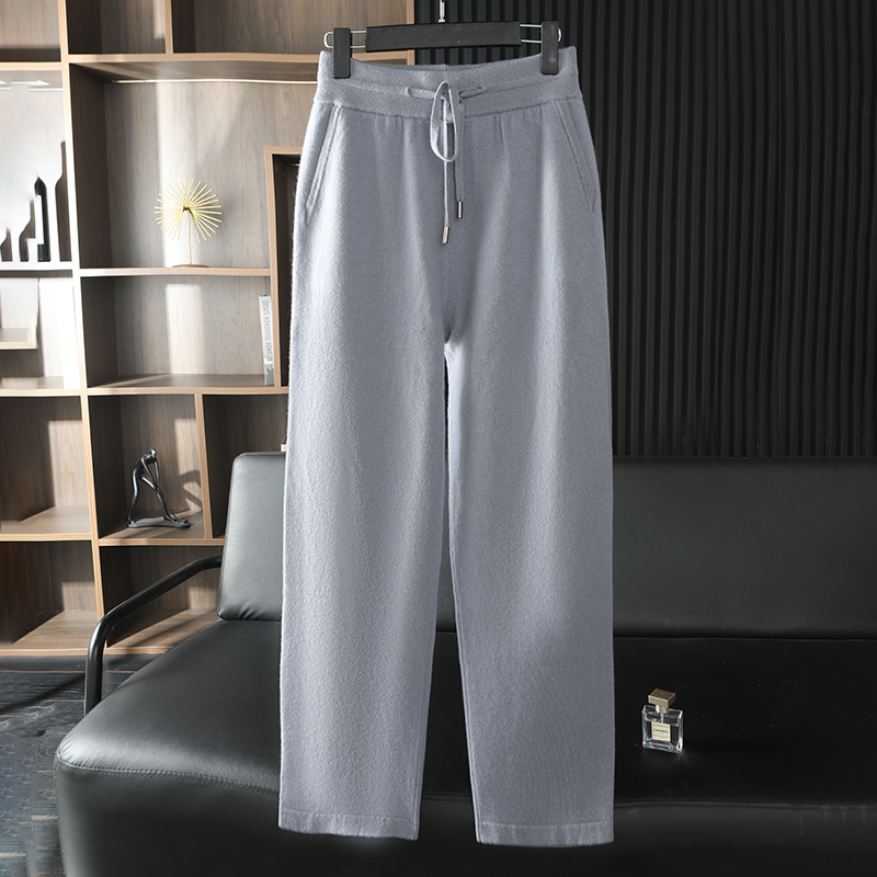 【100%山羊绒】秋冬男款加厚休闲虚提针织裤保暖阔腿直筒百搭外穿