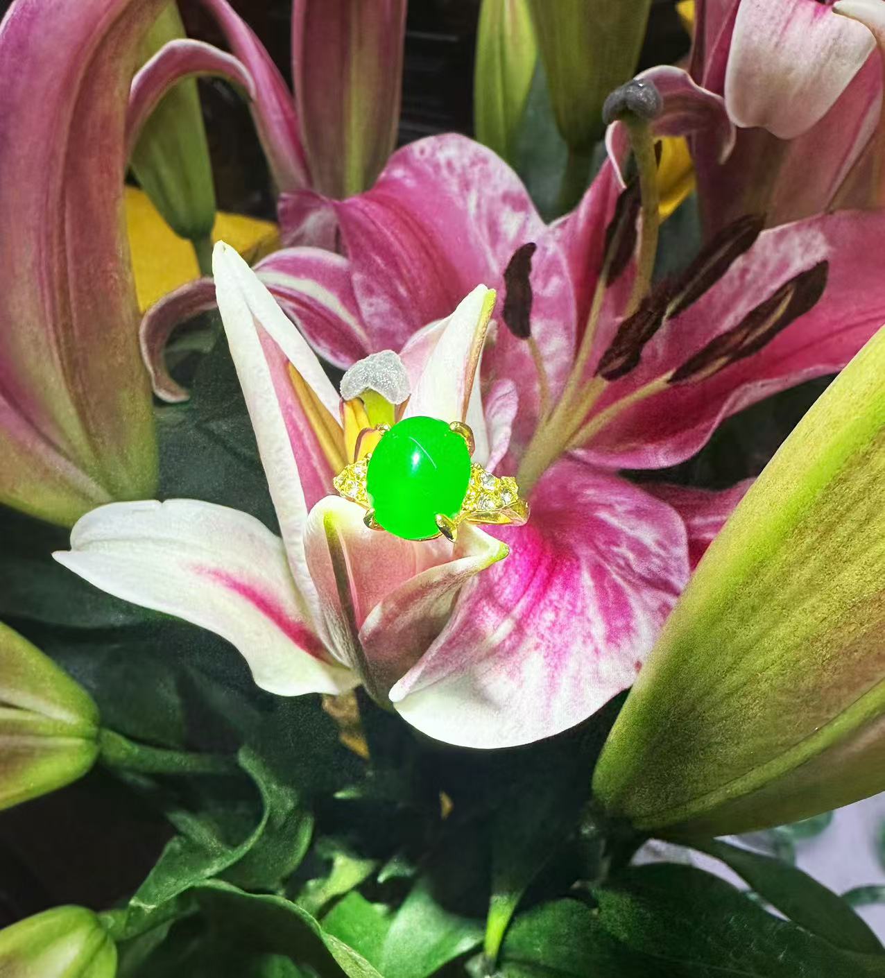 【聪聪珠宝】17583-冰绿三叶蛋面戒指-活口