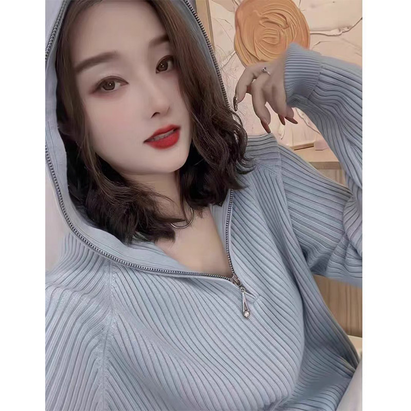 连帽毛针织衫常规袖纯色冬季长袖不褪色女显瘦秋季-677