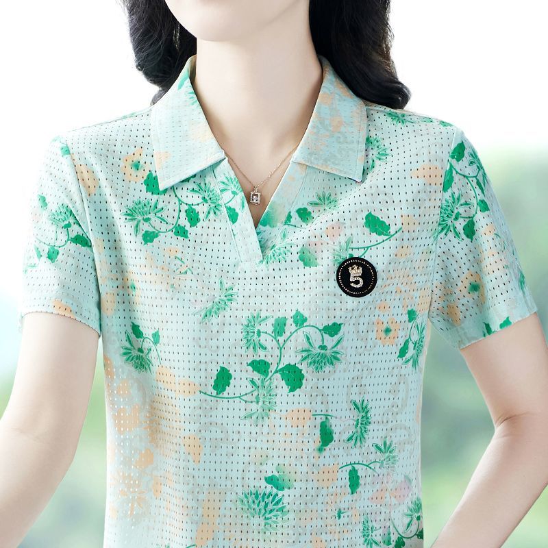 844绿色气质半袖夏装爆款绣花外穿百搭秀气妈妈休闲t恤女士上衣