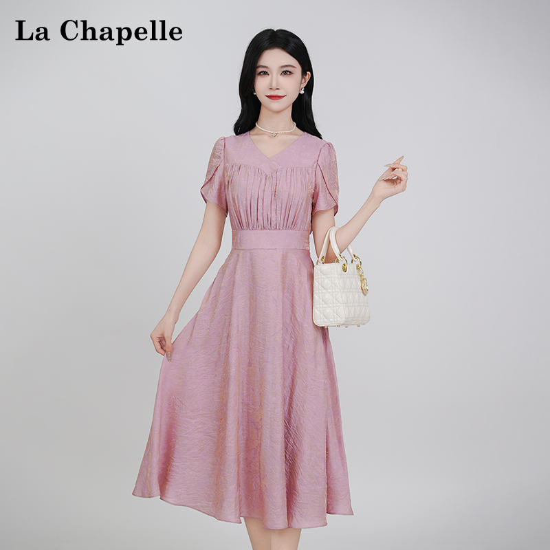 【拉夏贝尔】夏季法式设计感纯色时尚显瘦松紧腰轻奢长裙连衣裙