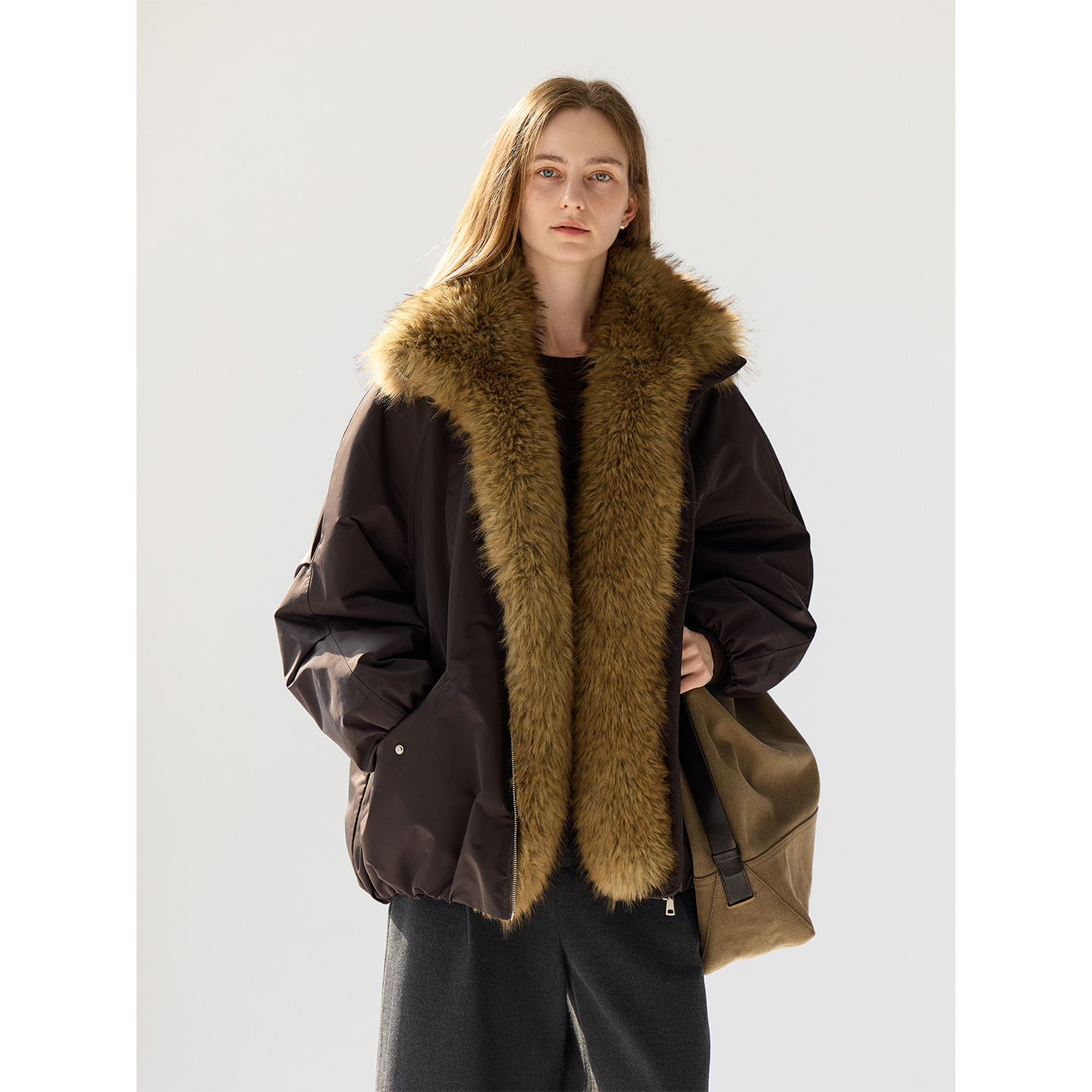 CHALAMON夏拉蒙 仿貉子毛软糯防风保暖工装派克服女环保皮草外套