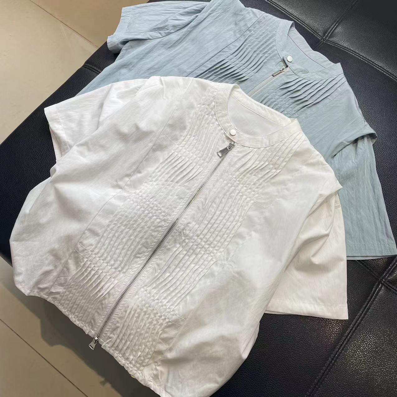 CS378夏装新款风琴褶皱圆领短袖宽松休闲拉链衬衫女士