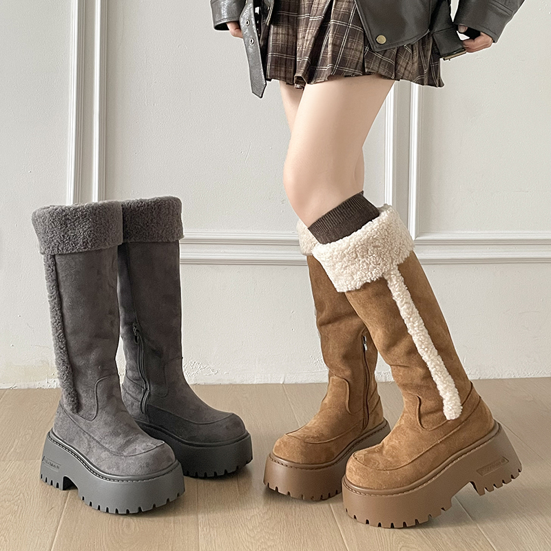 潮流复古加绒长筒靴2025年冬季新款加厚骑士靴百搭厚底西部靴子女