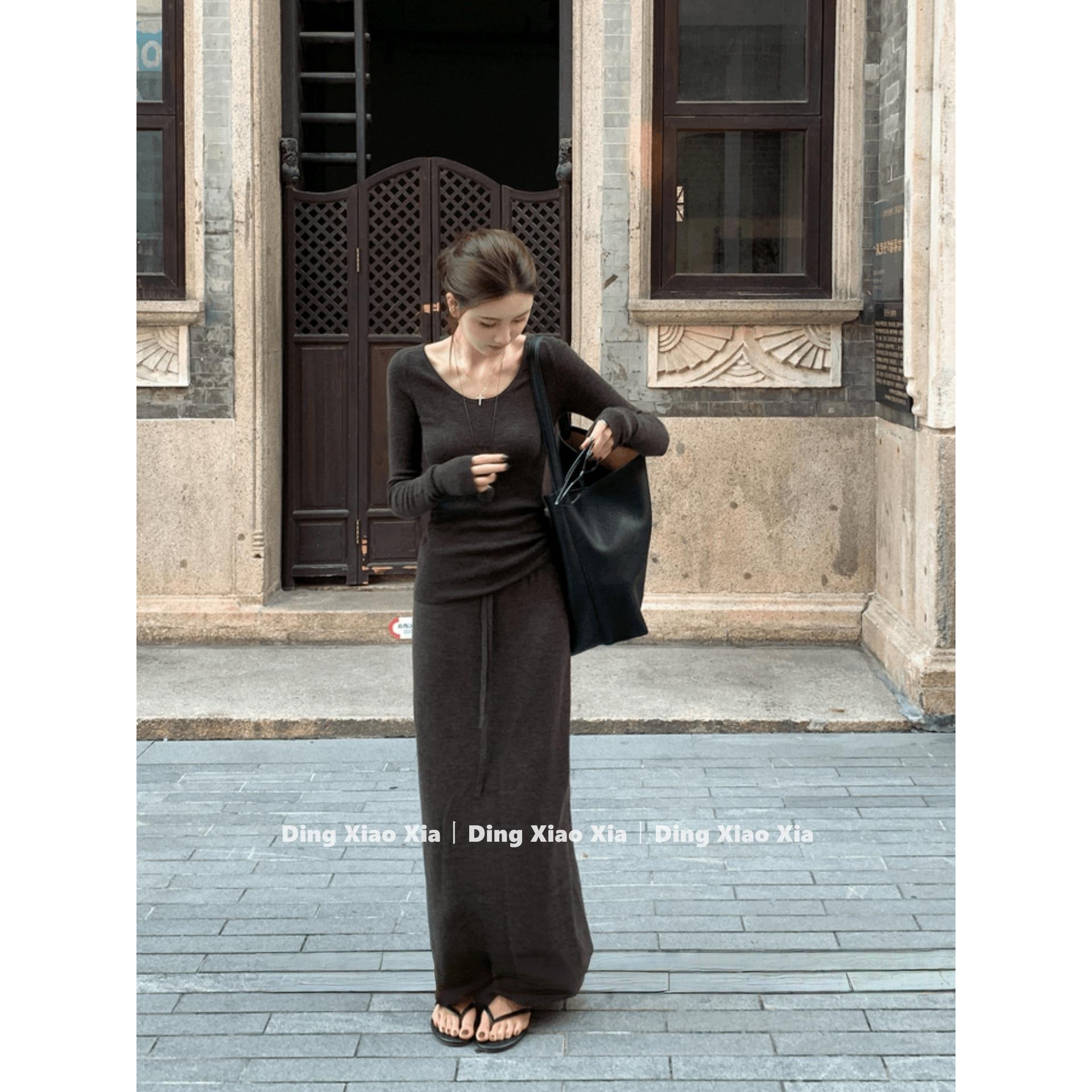 韩系松弛感U领长袖针织T恤套装女早秋纯色上衣长款半身裙两件套潮