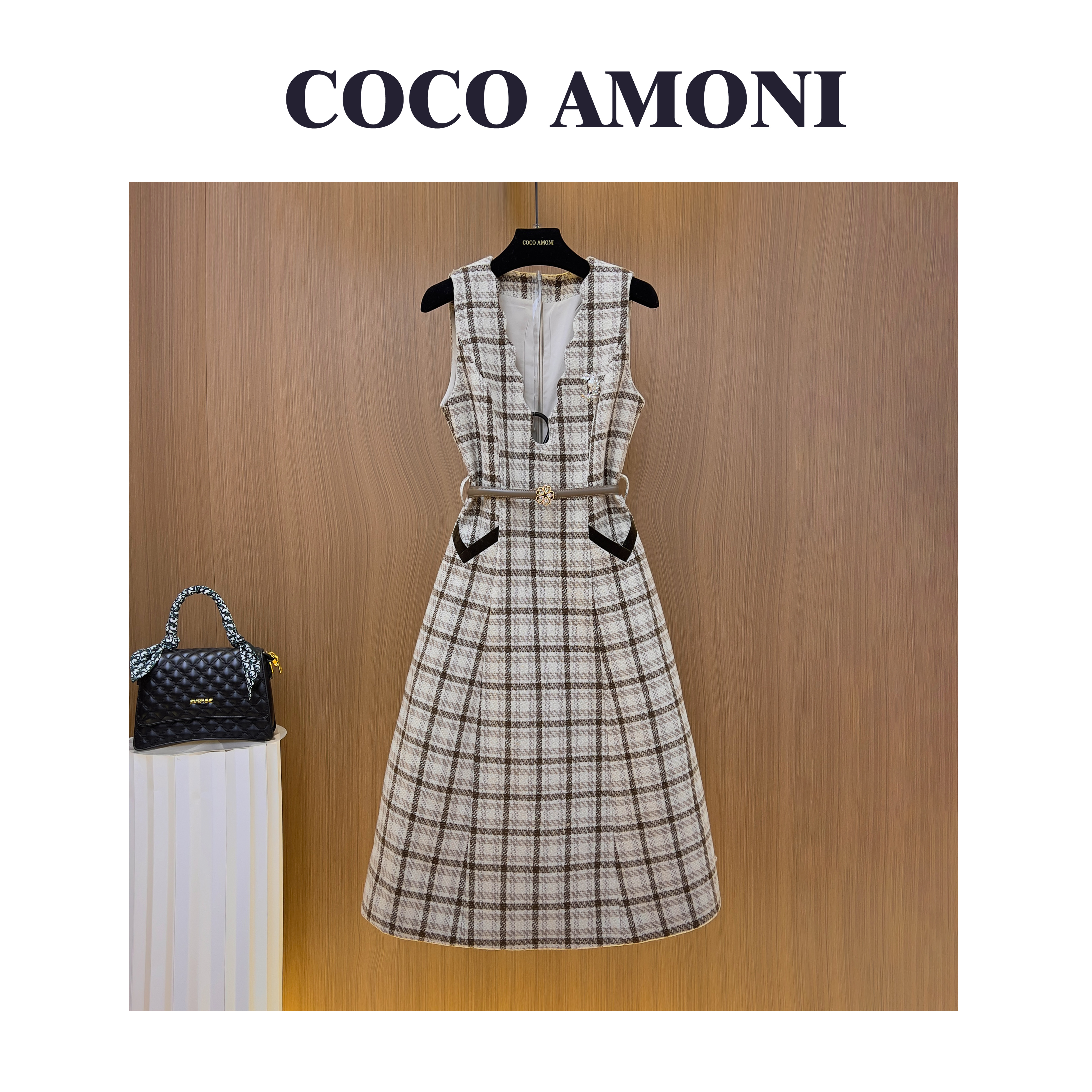 秋冬季时尚设计师爆款女装拼接收腰显瘦气质连衣裙WXH1221