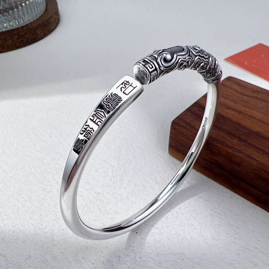 足银手镯 999如意金箍棒个性风潮男士银镯子 简约百搭民族风素款