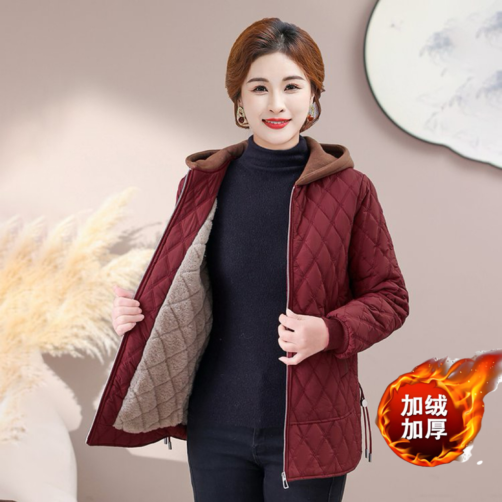 妈妈装连帽菱形格保暖中老年加绒加厚女士外套上衣