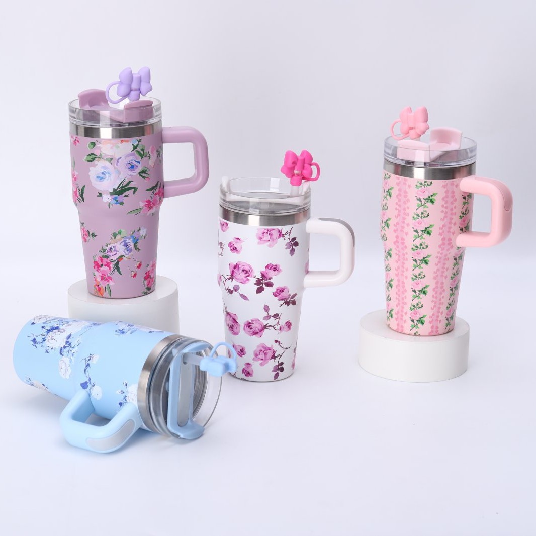 女神专享·繁花冰霸杯汽车杯高颜值水杯带手柄不锈钢保温杯蝴蝶塞