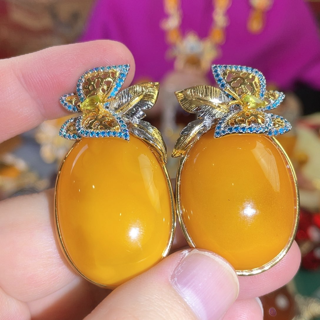 蜜蜡耳钉银S925镶嵌34克