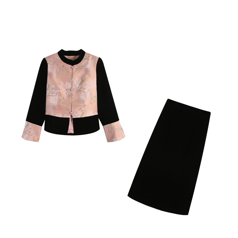 【五季家】新中式气质拼接上衣显瘦丝绒半身裙半裙两件套ZL100453