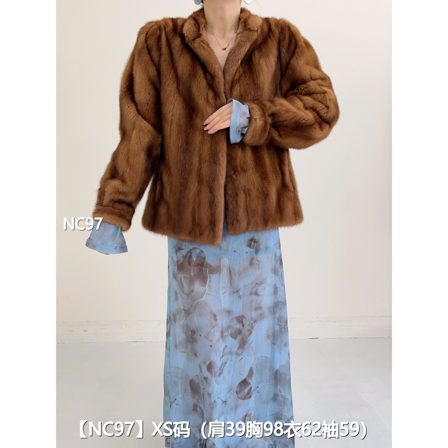 【NC97】XS 蜜茶棕短款全抽貂皮大衣外套女 立领泡泡袖 03097