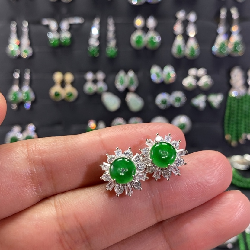 【闪购商品】翡翠耳饰银S925镀金镶嵌