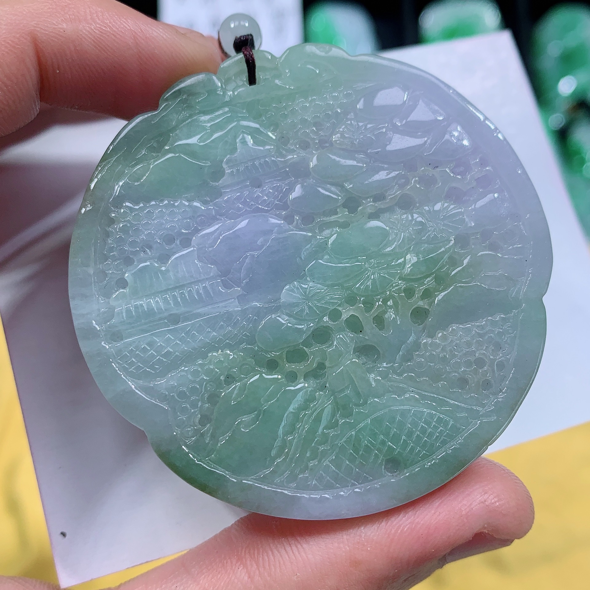 天然A货缅甸翡翠紫罗兰山水牌吊坠，照片左滑看尺寸