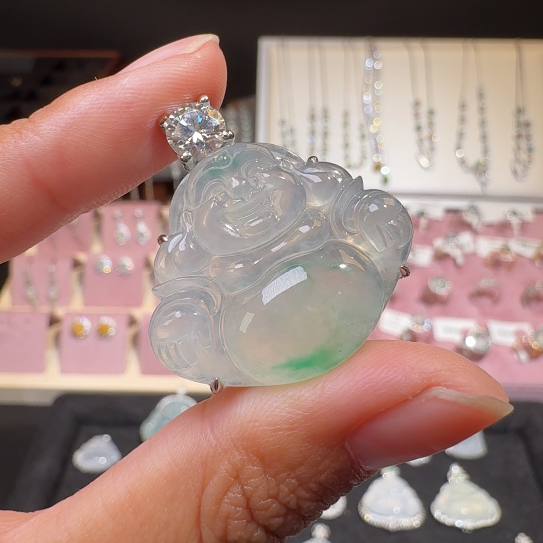 翡翠18K金镶嵌颈饰纯天然缅甸翡翠A货佛公