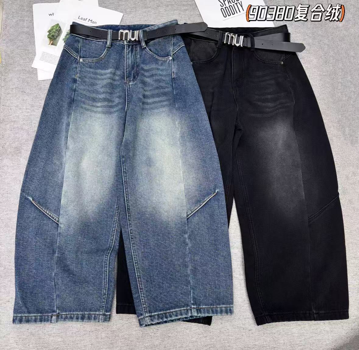 90380加绒冬款欧货高腰复古牛仔直筒八分牛仔裤女弯刀阔腿裤