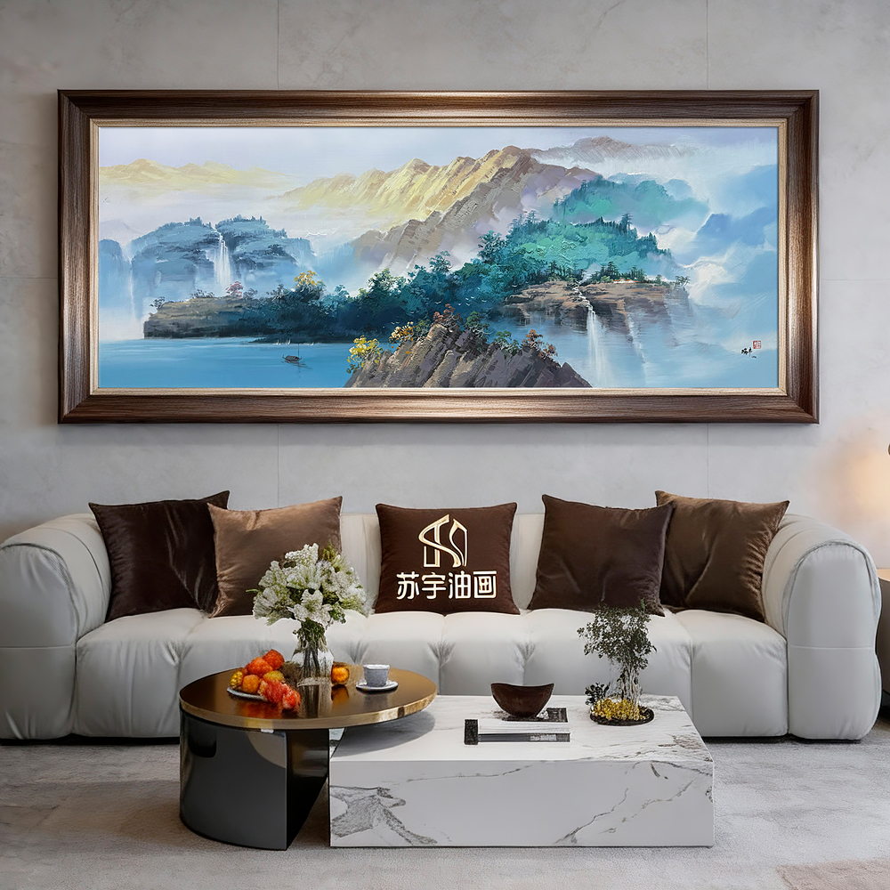 手绘油画极简客厅山水画北欧轻奢沙发背景墙装饰现代公司茶室挂画