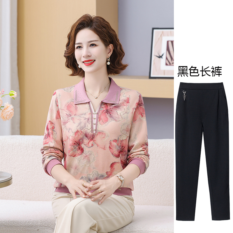 中老年女春秋季长袖宽松秋衣妈妈装时尚针织打底衫秋款弹力小衫