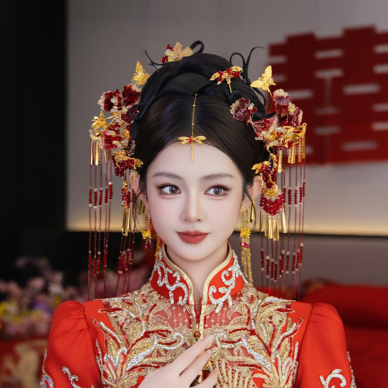 合金树脂婚庆饰品 中式新娘头饰瀑布饱满后区蜻蜓眉心坠发饰G0348