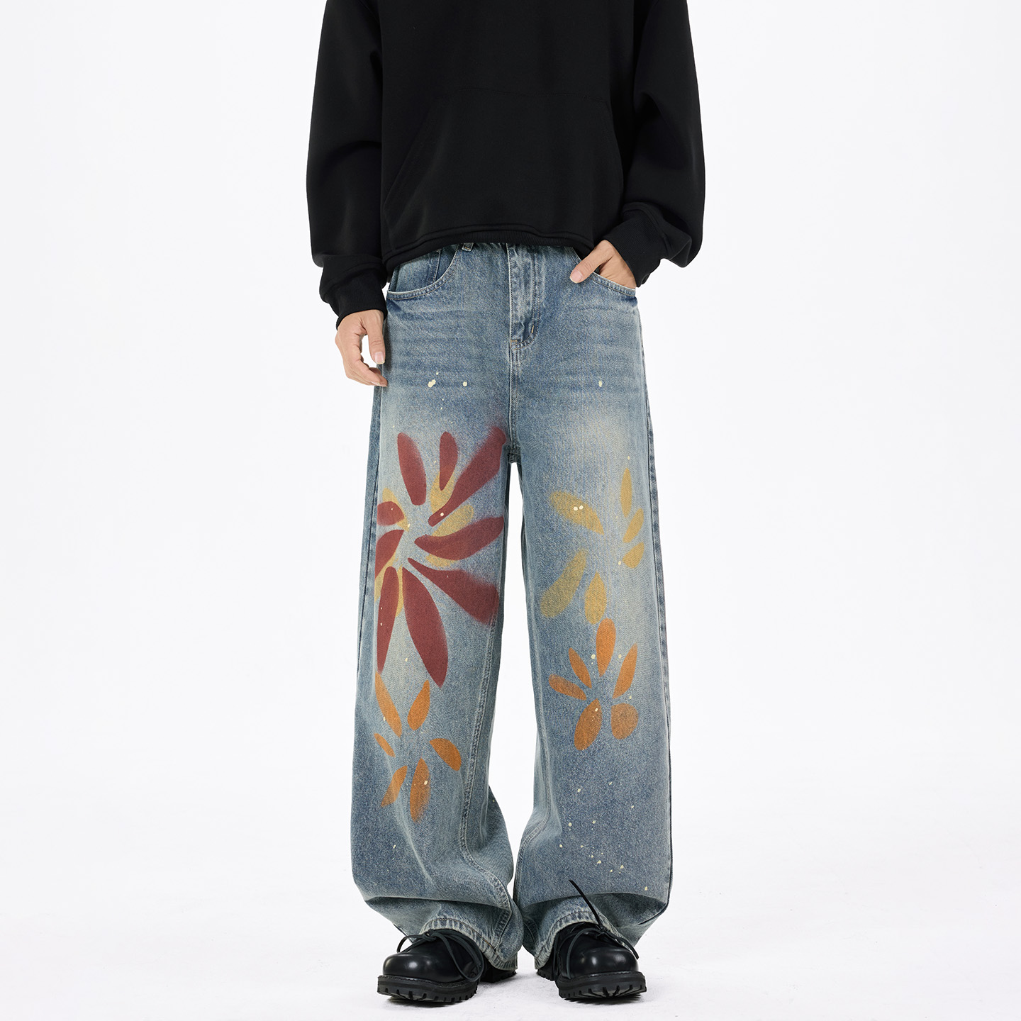 OTOTLEE美式高街水洗做旧涂鸦牛仔裤男女秋冬宽松直筒阔腿长裤