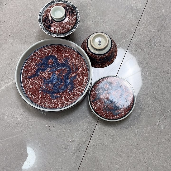 瓷片釉里红海水龙四件套